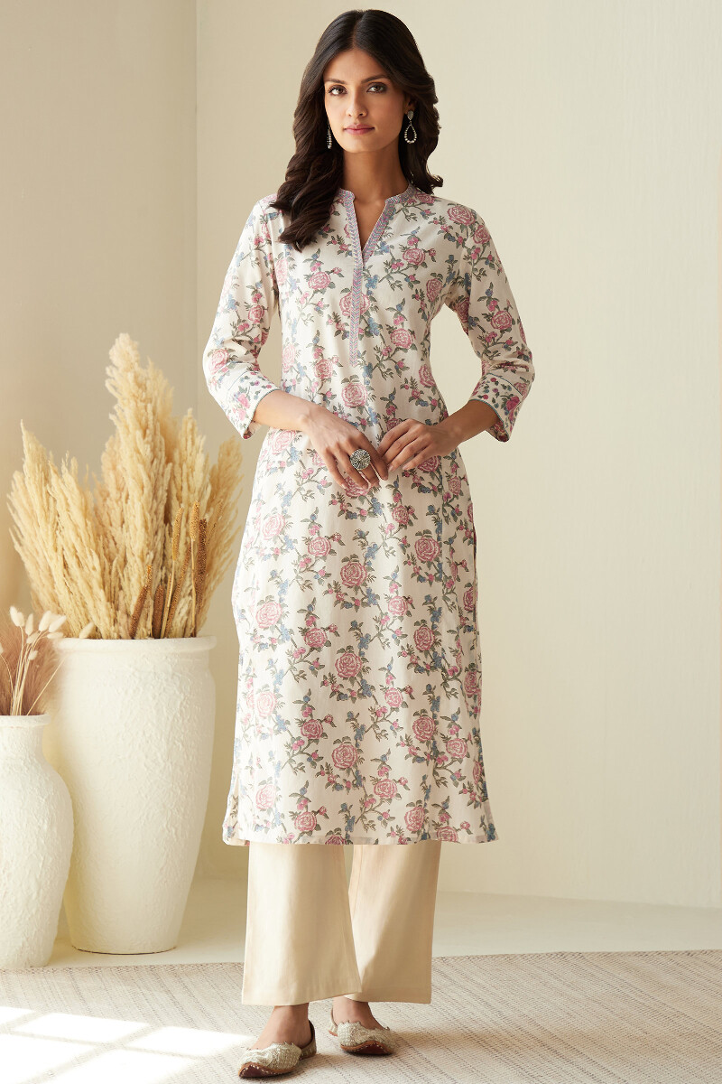 Off-White Hand Block-Printed Straight Cotton Kurta