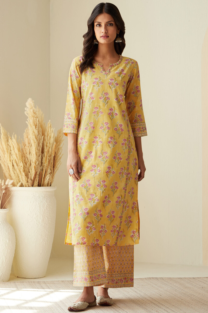 Yellow Hand Block-Printed Straight Cotton Slub Kurta