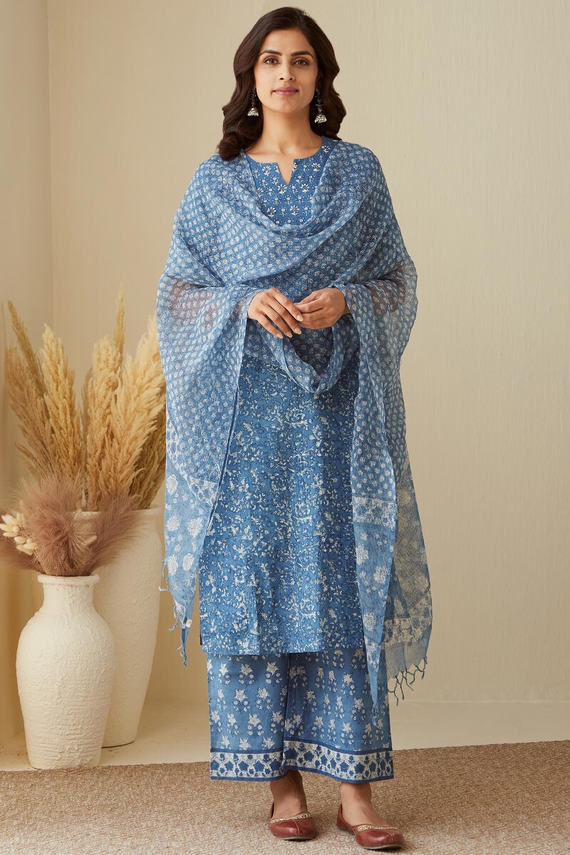 Indigo Hand Block-Printed Kota Dupatta