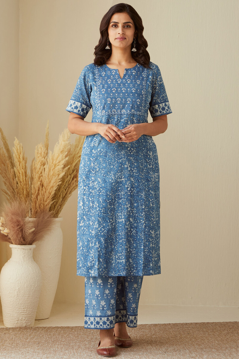 Indigo Hand Block-Printed Straight Cotton Kurta