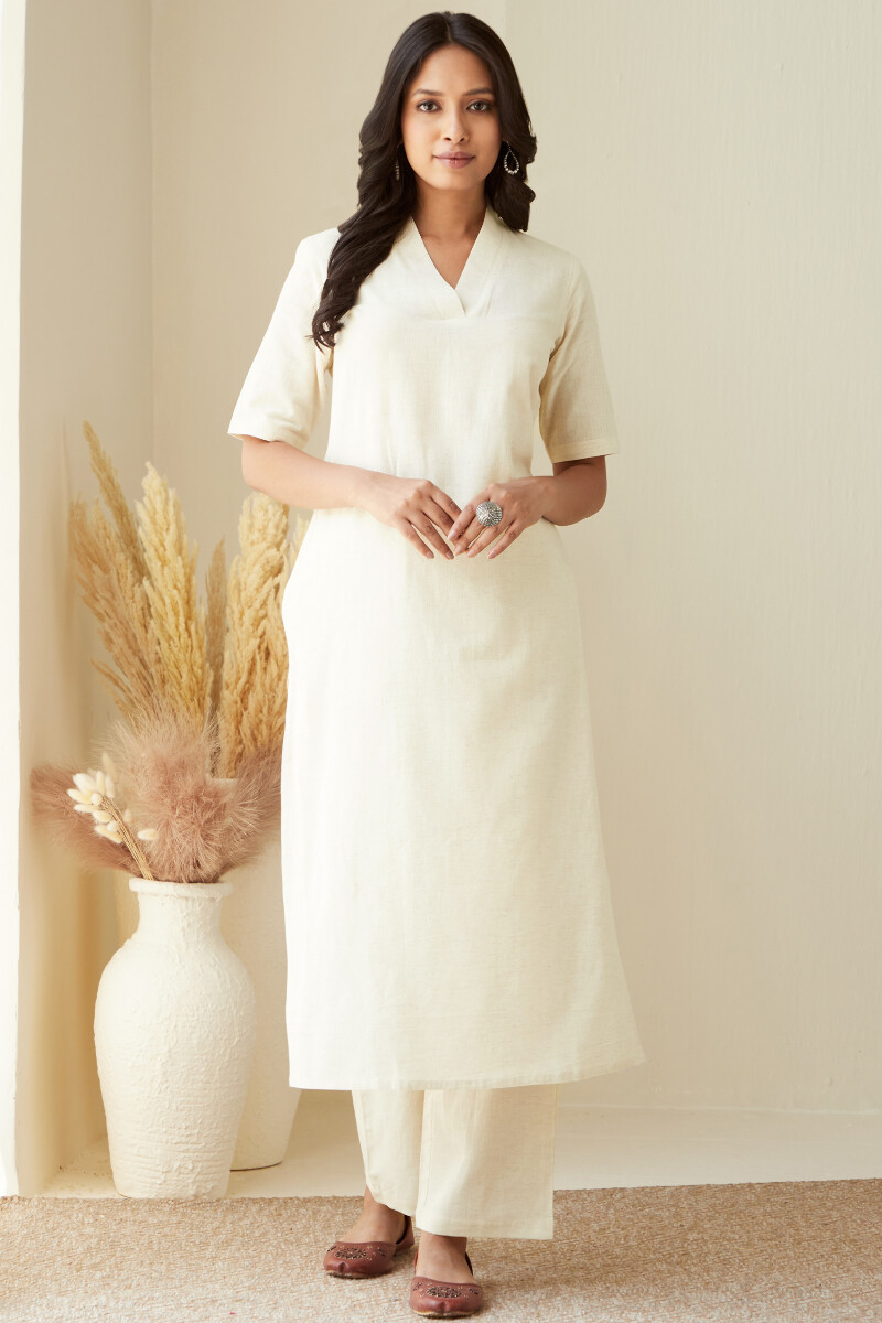 Off-White Handcrafted Straight Cotton Flax Kurta