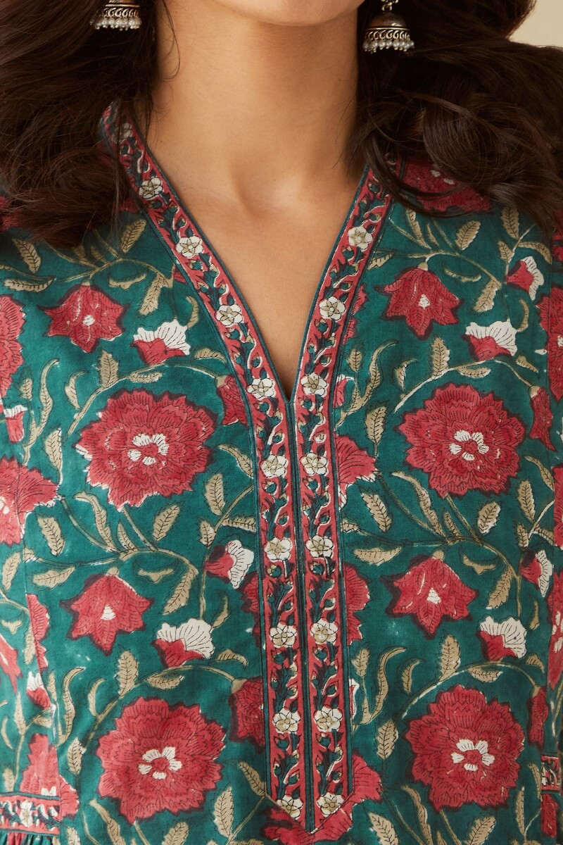 Green Hand Block-Printed A-Line Cotton Kurta