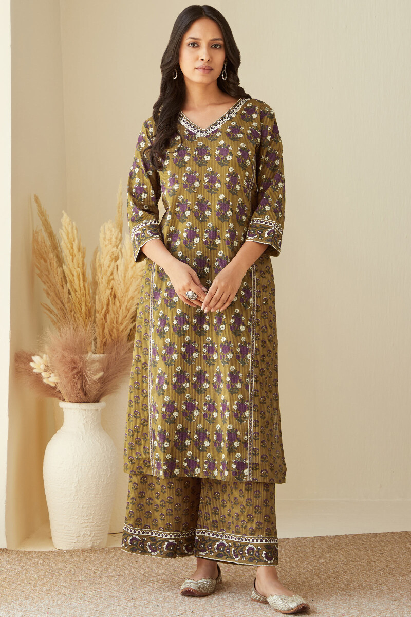 Mustard Hand Printed Straight Cotton Dobby Kurta