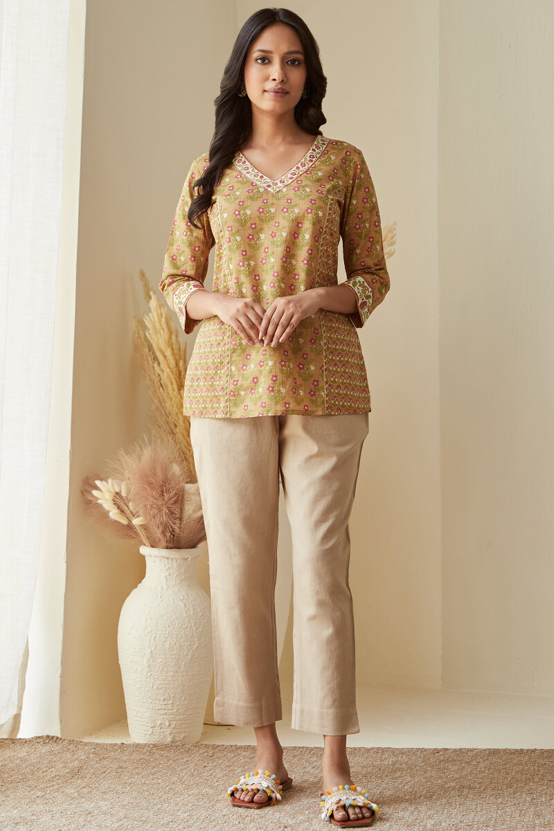 Mustard Hand Printed Cotton Slub Top