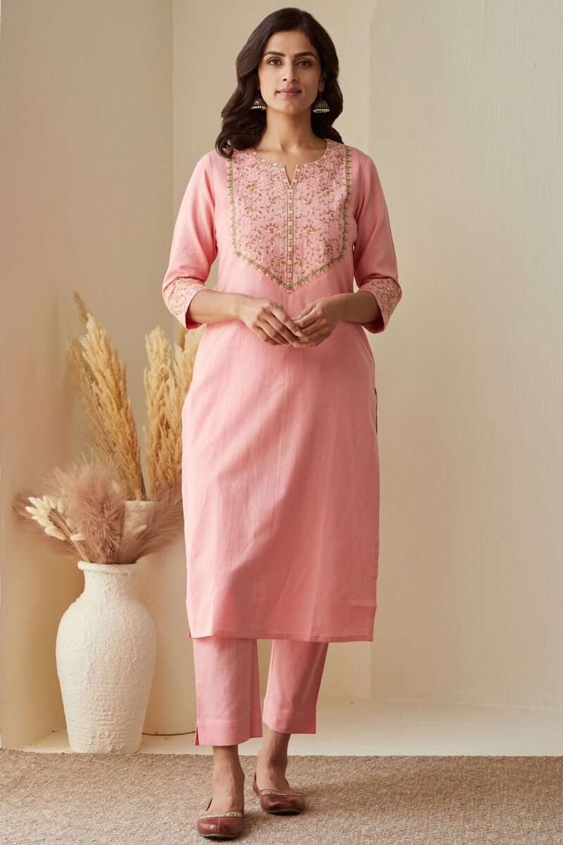 Pink Handcrafted Cotton Flax Narrow Pants
