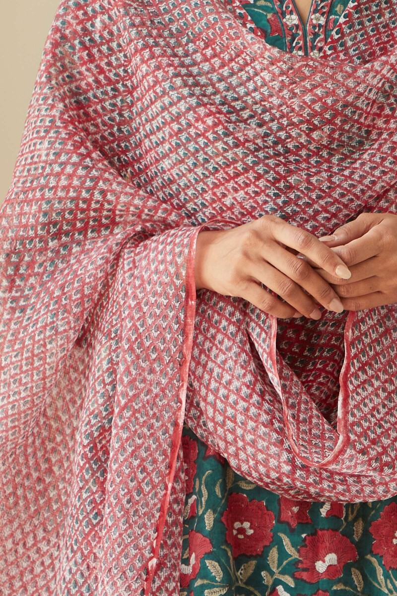 Red Hand Block-Printed Kota Dupatta