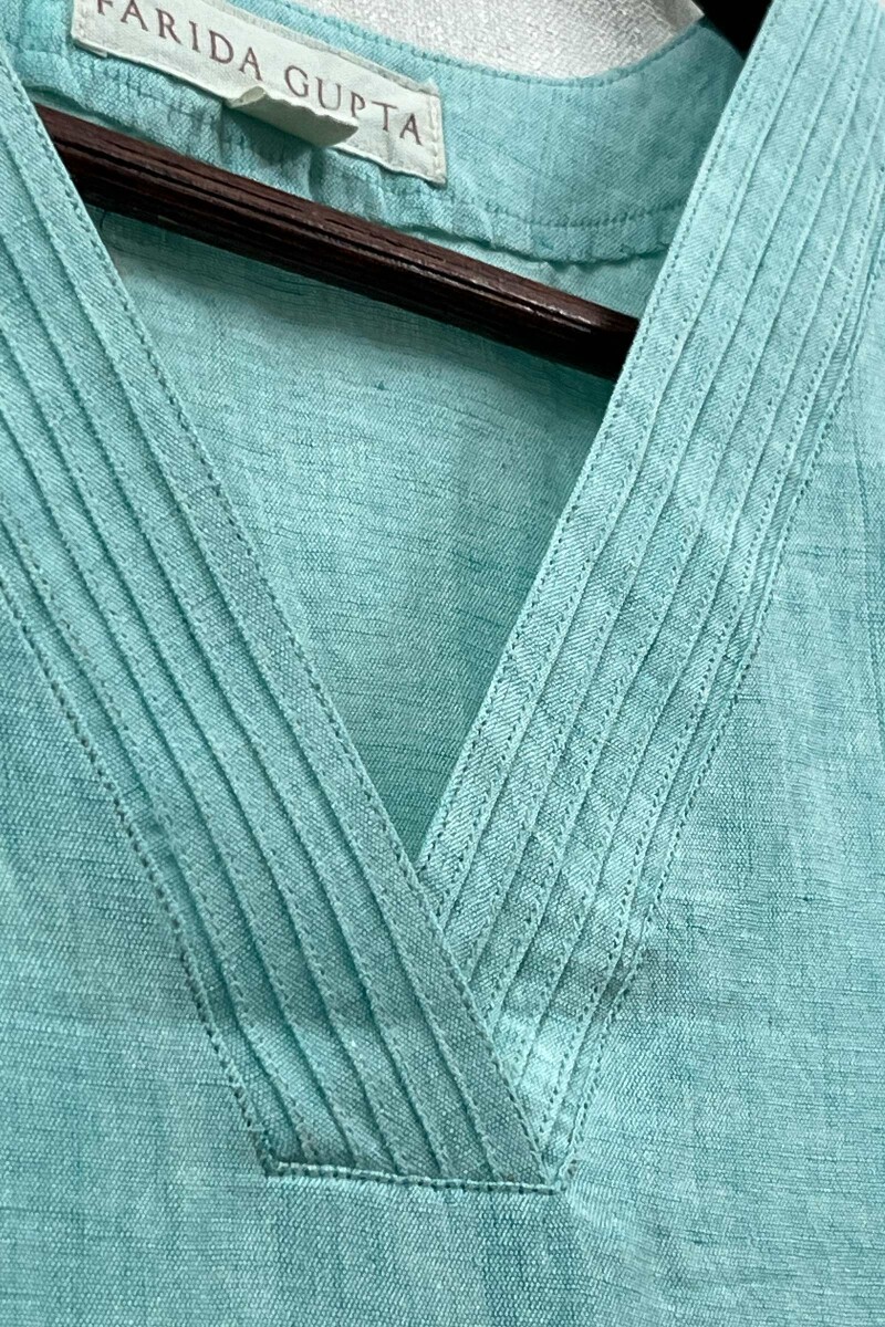 Light Teal Handcrafted Straight Cotton Linen Kurta