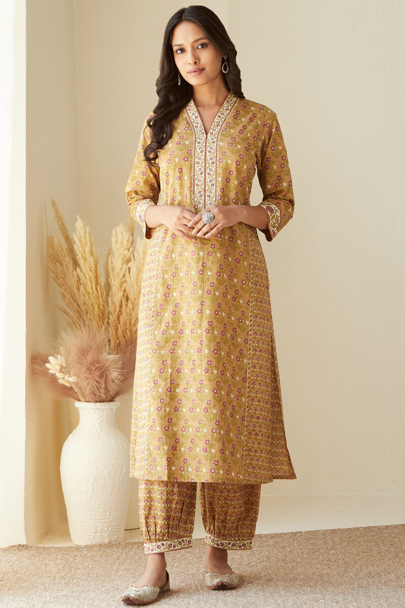 Mustard Hand Printed Straight Cotton Slub Kurta