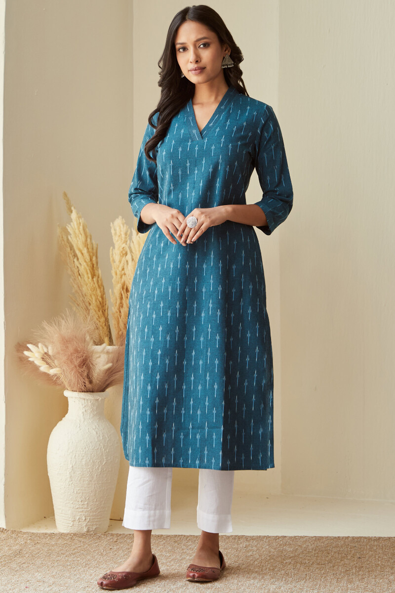 Blue Handcrafted Straight Cotton Polyester Kurta