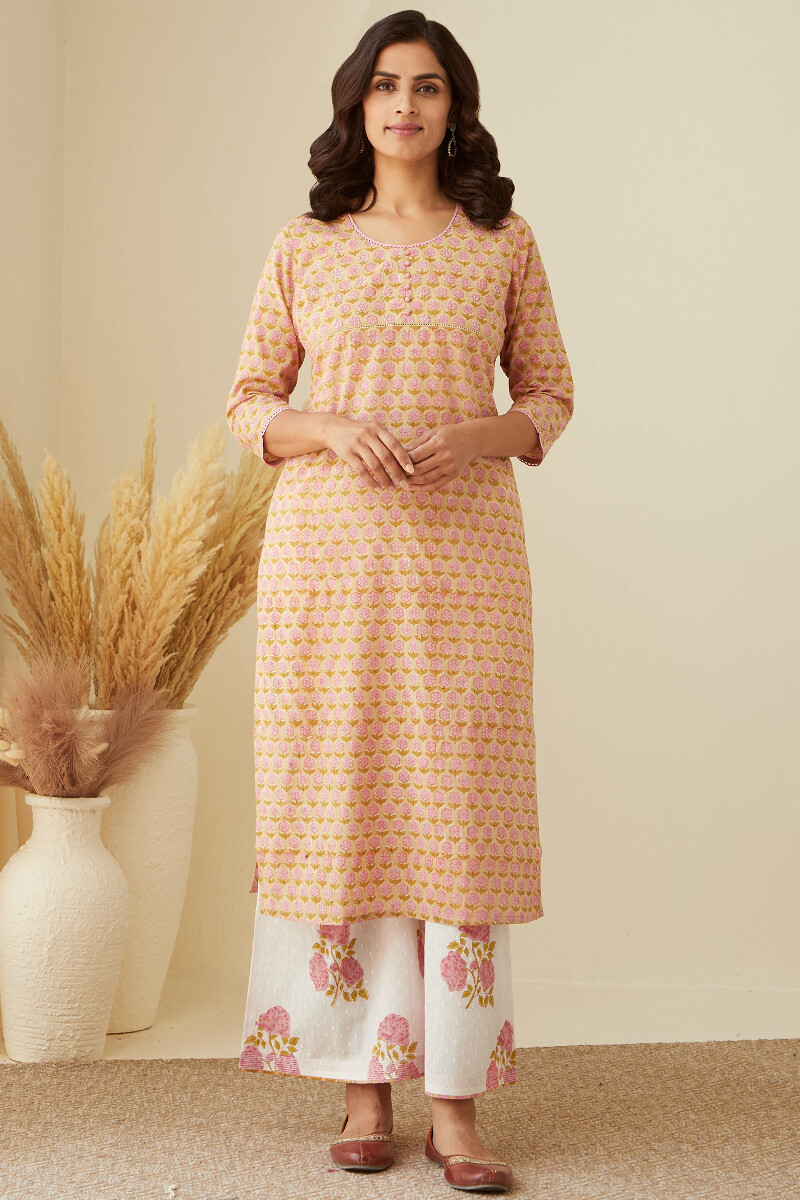 Beige Hand Block-Printed. Straight Cotton Dobby Kurta