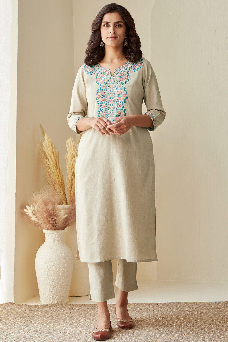 Beige Handcrafted Straight Cotton Flax Kurta