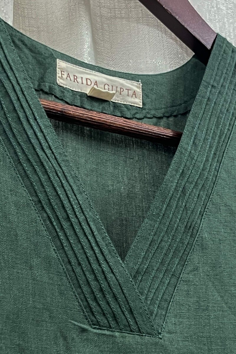Dark Green Handcrafted Straight Cotton Linen Kurta