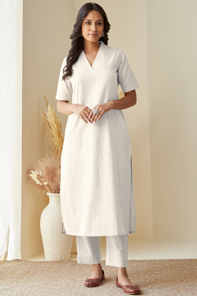 White Handcrafted Straight Cotton Flax Kurta