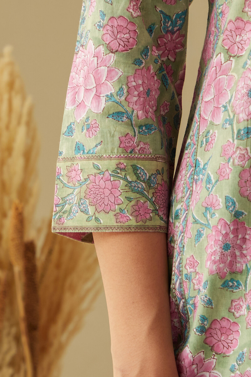 Green Hand Block-Printed Straight Cotton Kurta