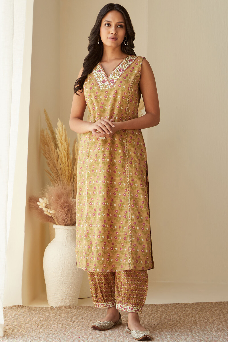 Mustard Hand Printed Straight Cotton Slub Kurta