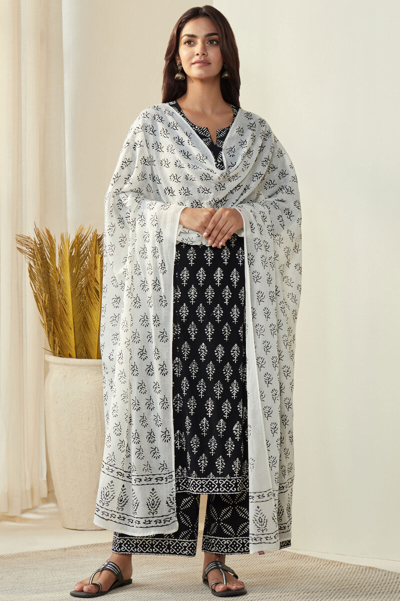 White Hand Block-Printed Cotton Mul Dupatta