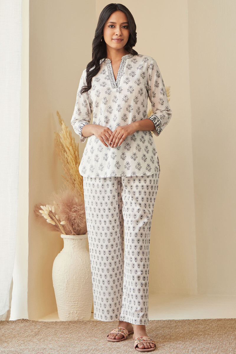 White Hand-Printed Cotton Slub Loungewear Set