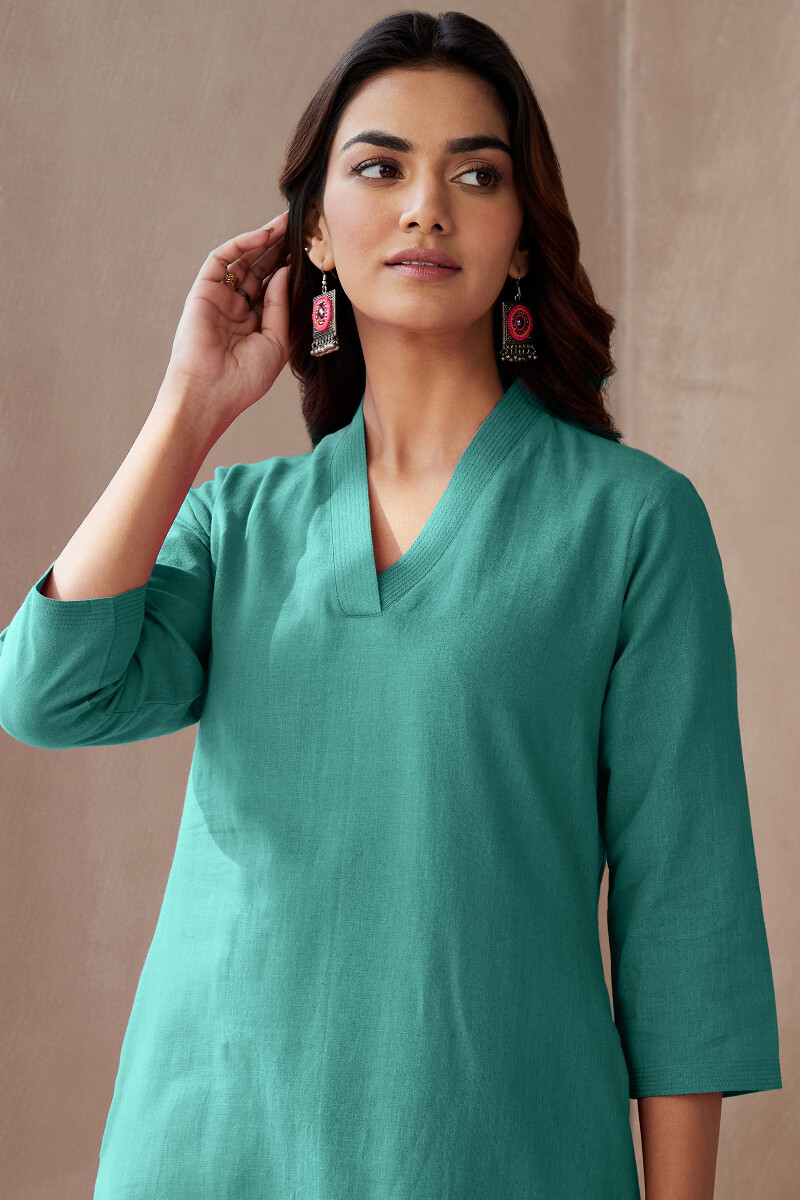 Turquoise Handcrafted Straight Cotton Flax Kurta