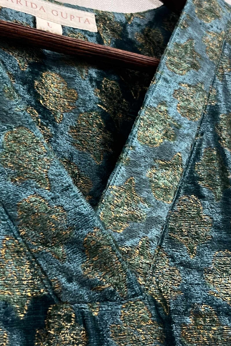 Teal Hand Block-Printed Straight Velvet Kurta