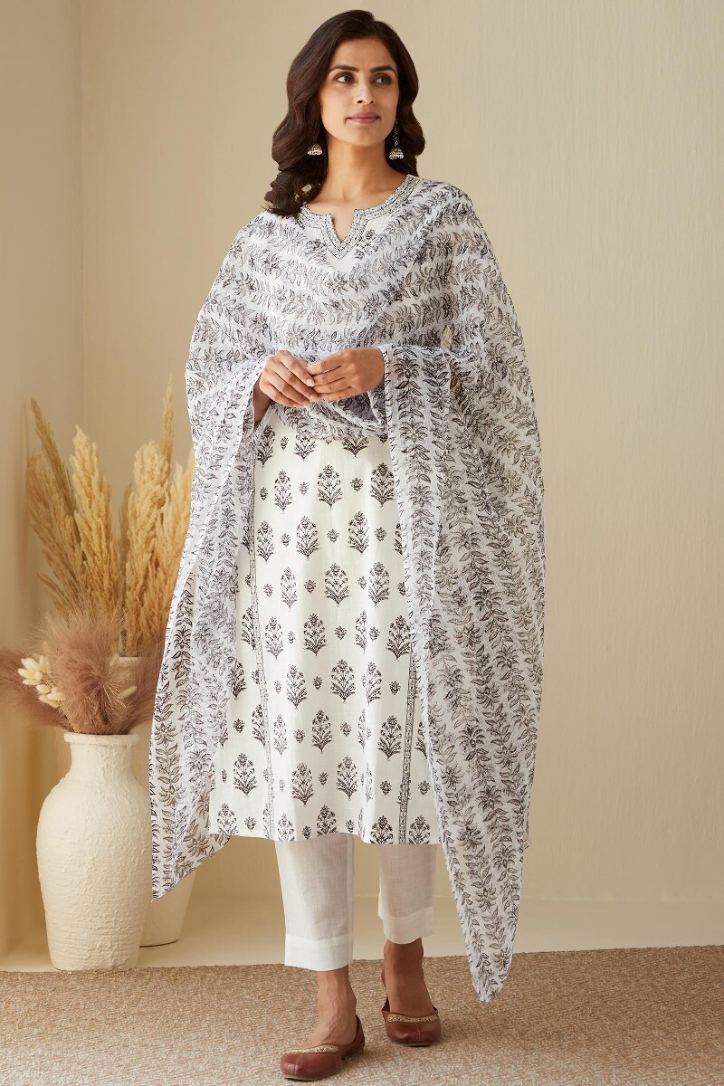 White Hand Printed Kota Dupatta