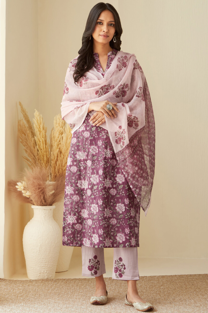Purple Hand Block-Printed Kota Dupatta