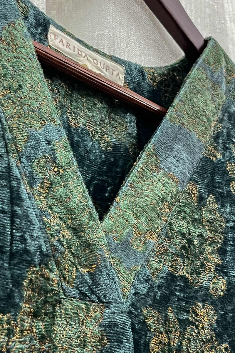Teal Hand Block-Printed Straight Velvet Kurta