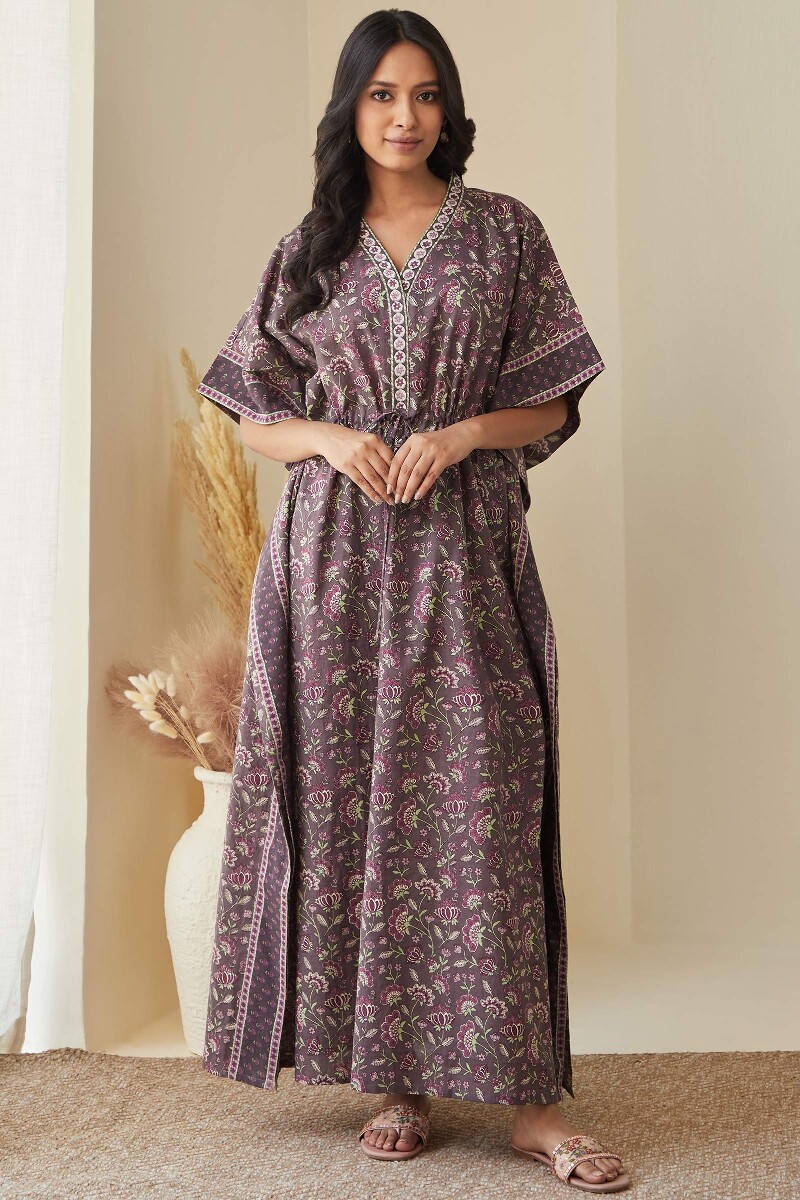 Purple Hand Printed Cotton Mul Kaftan