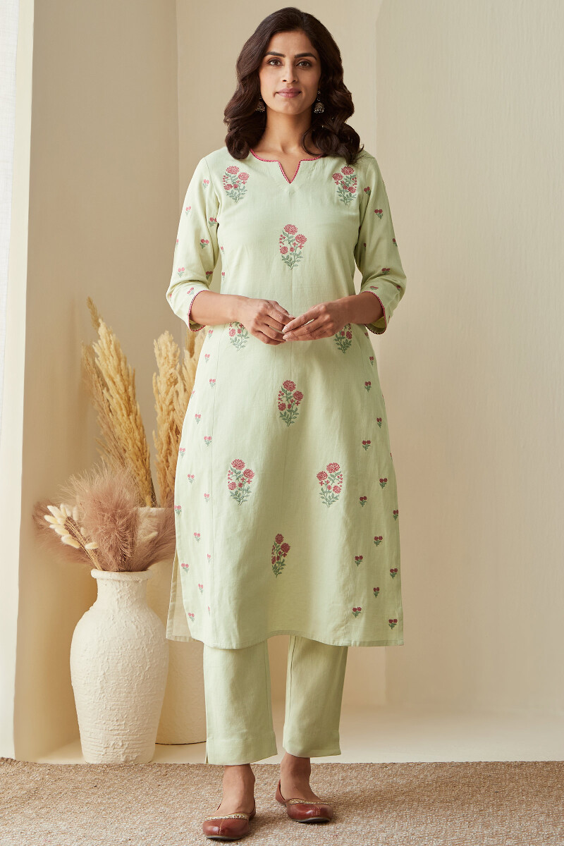 Green Handcrafted Straight Cotton Flax Kurta