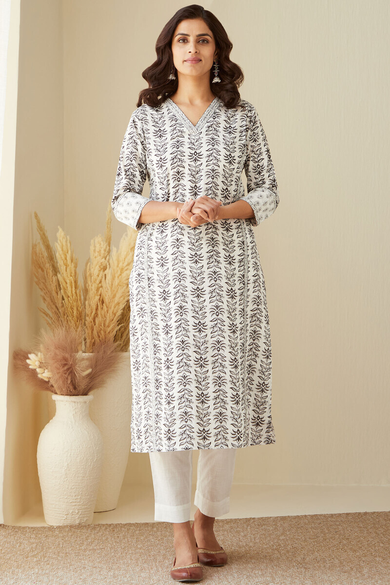 White Hand Printed Straight Cotton Slub Kurta