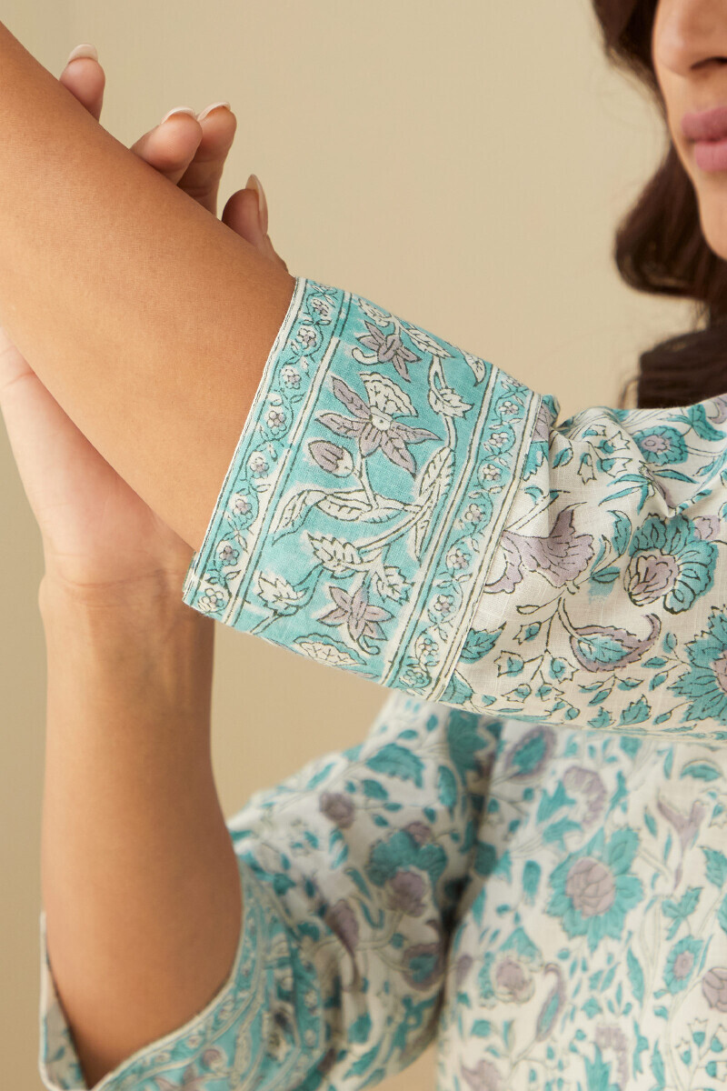 White Hand Block-Printed Straight Cotton Slub Kurta