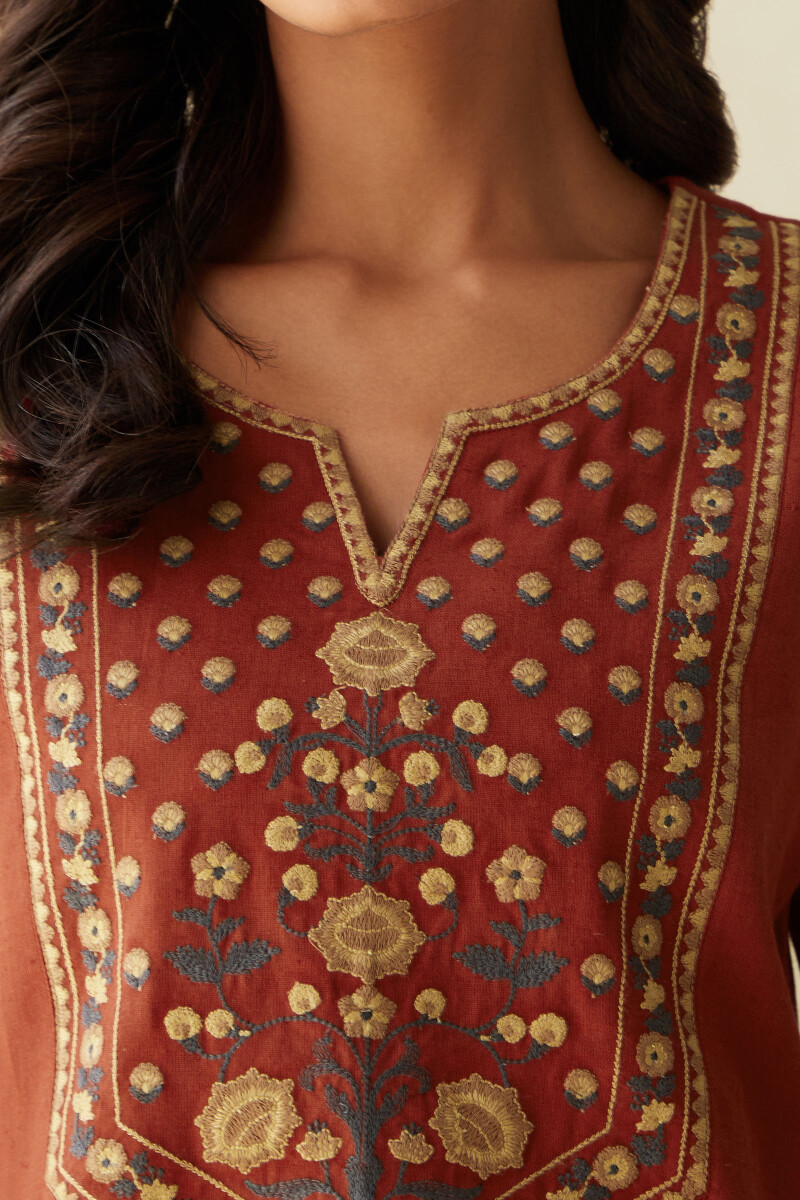 Red Handcrafted Straight Cotton Linen Kurta