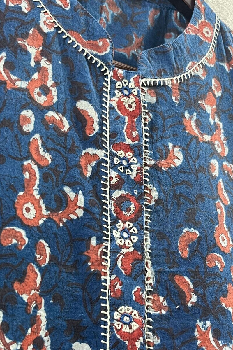 Blue Hand Block-Printed Straight Cotton Kurta