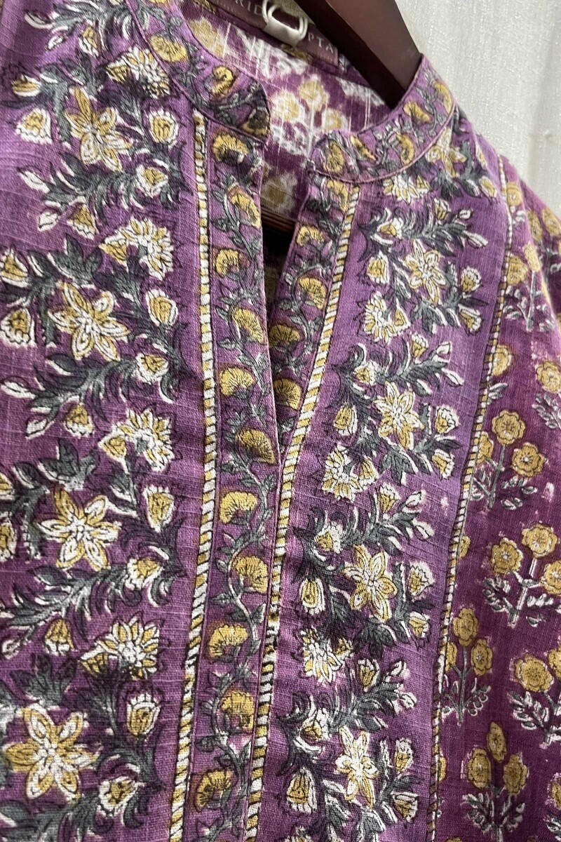 Purple Hand Block-Printed Cotton Slub Top