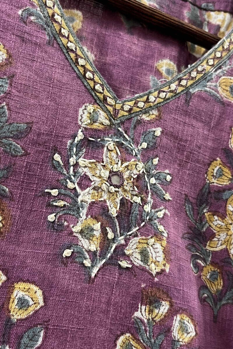 Purple Hand Block-Printed Cotton Slub Top