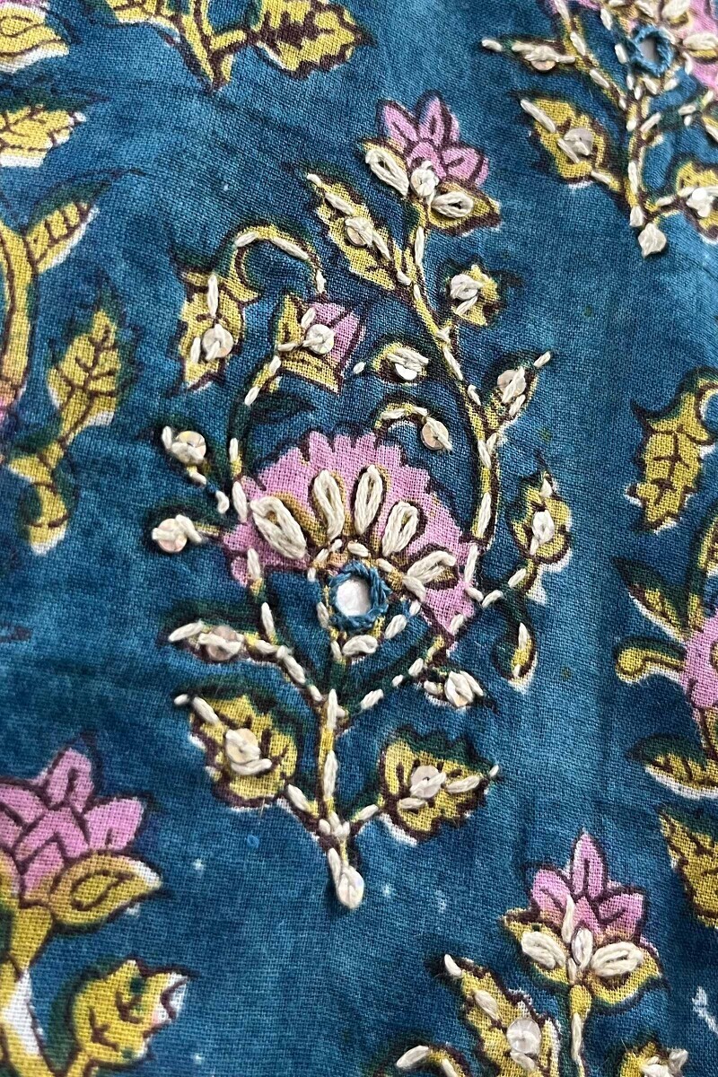 Teal Hand Block-Printed A-Line Cotton Mul Kurta
