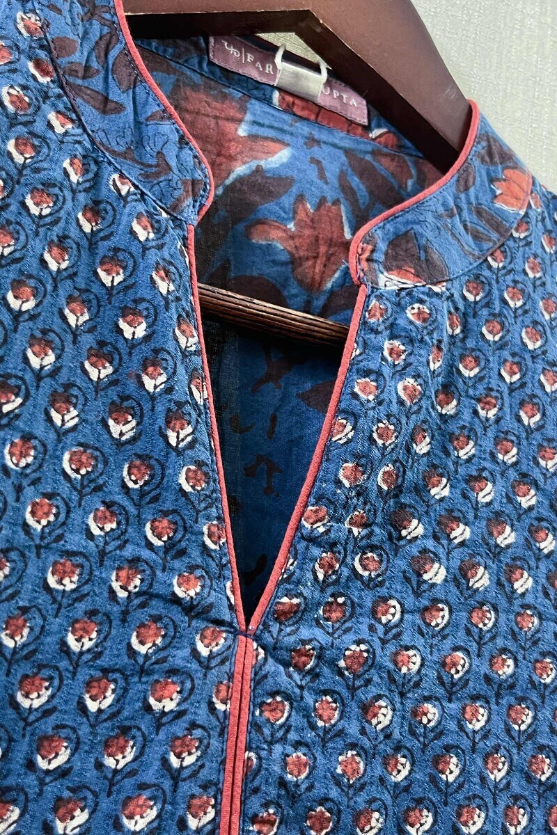Indigo Hand Block-Printed Straight Cotton Kurta