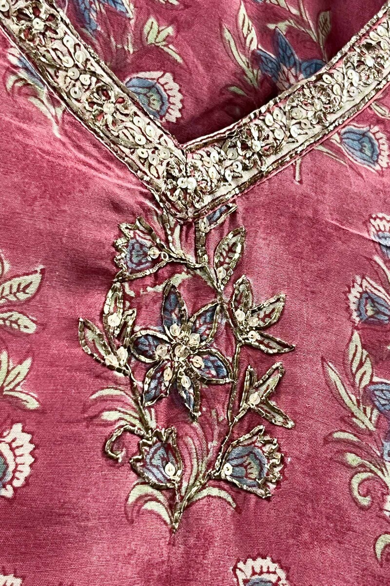 Pink Hand Block-Printed Straight Modal Kurta