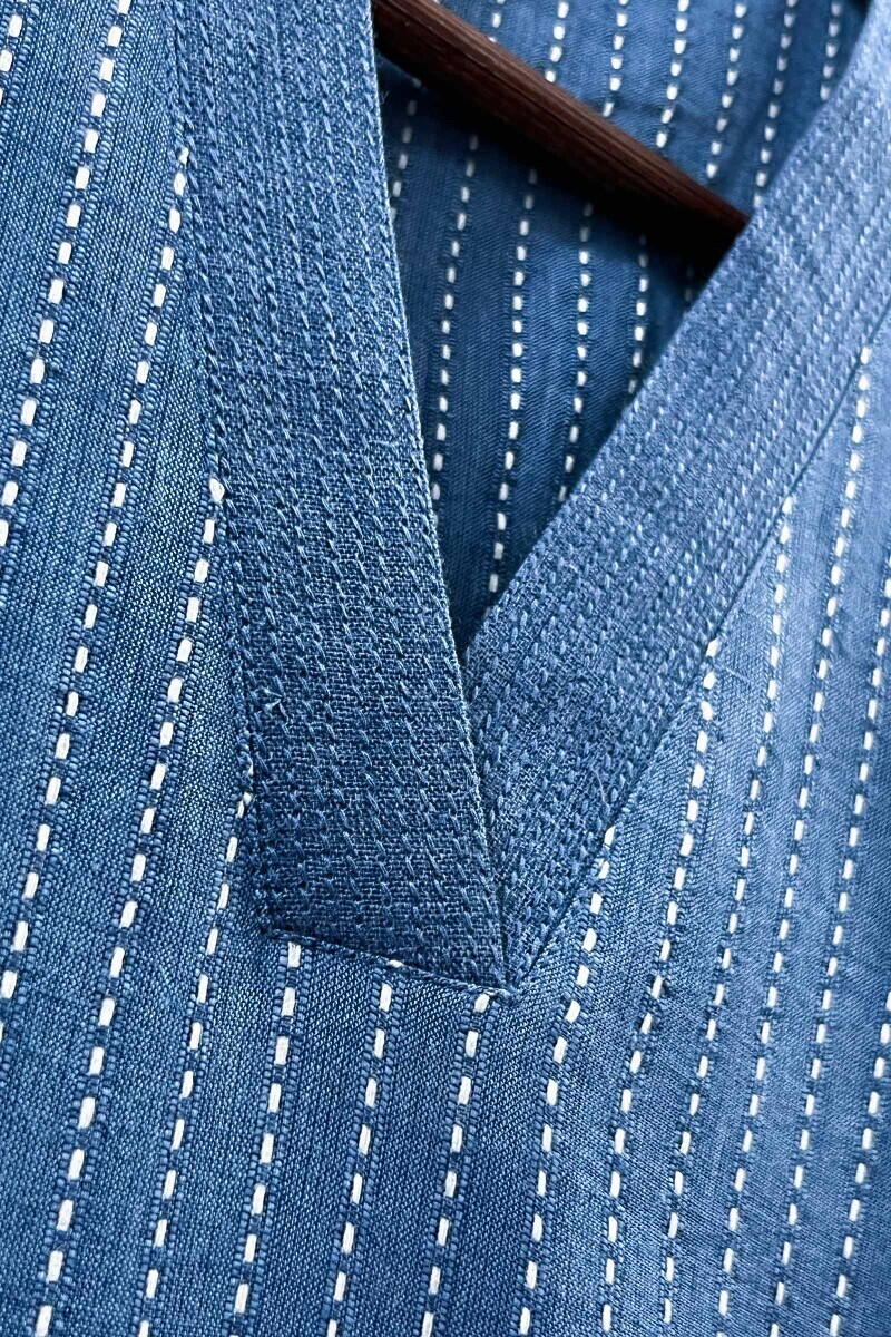 Blue Handcrafted Straight Handloom Cotton Kurta
