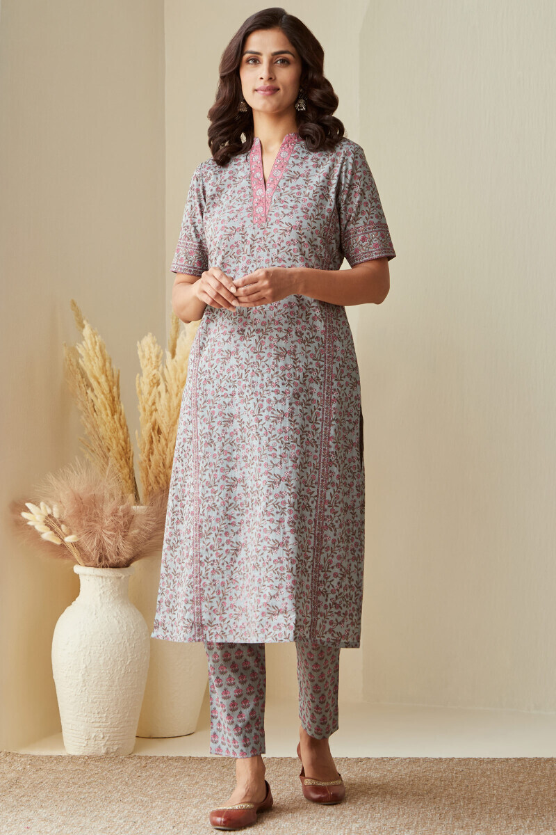 Blue Hand Printed Straight Cotton Slub Kurta