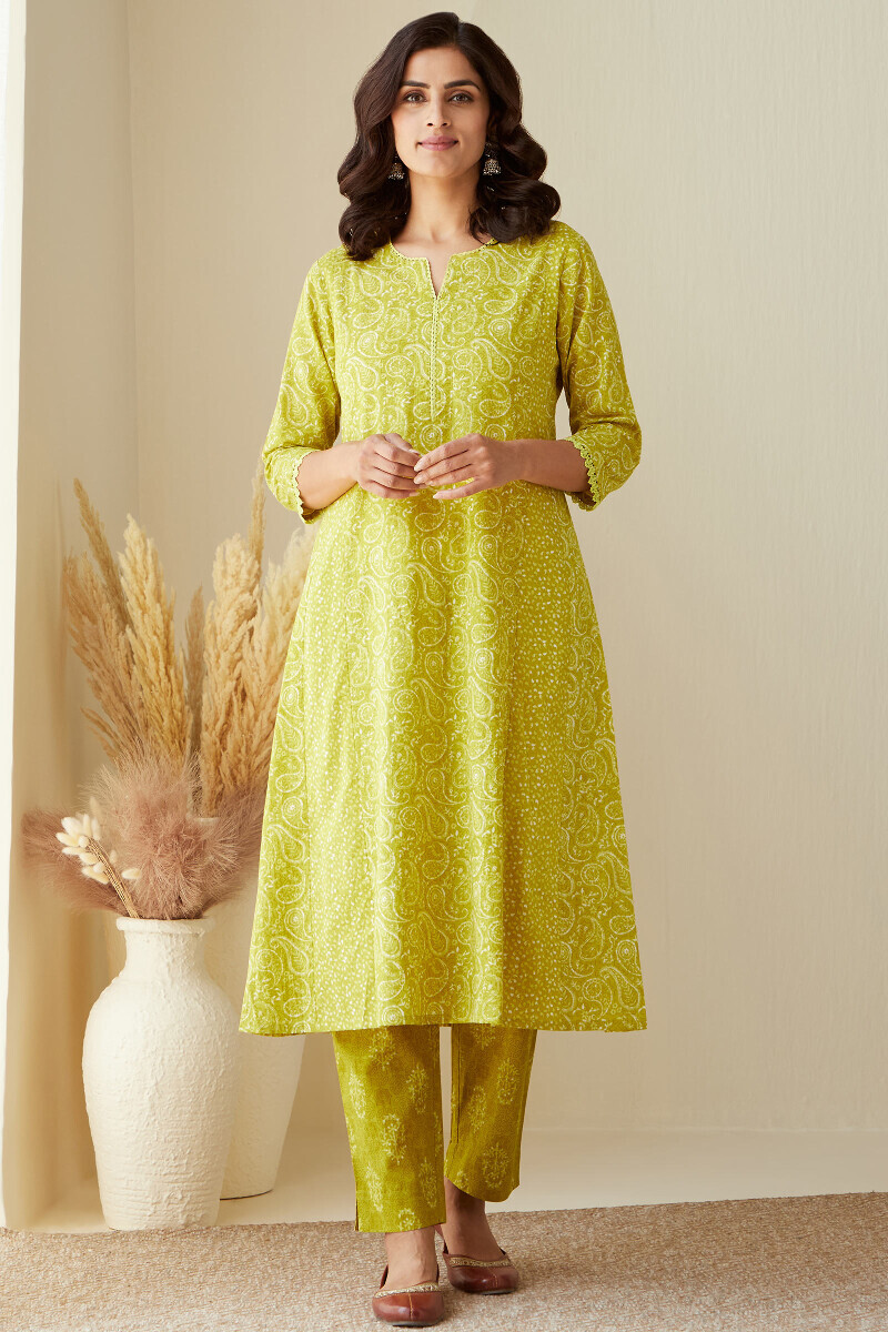 Green Hand Printed A-Line Cotton Kurta