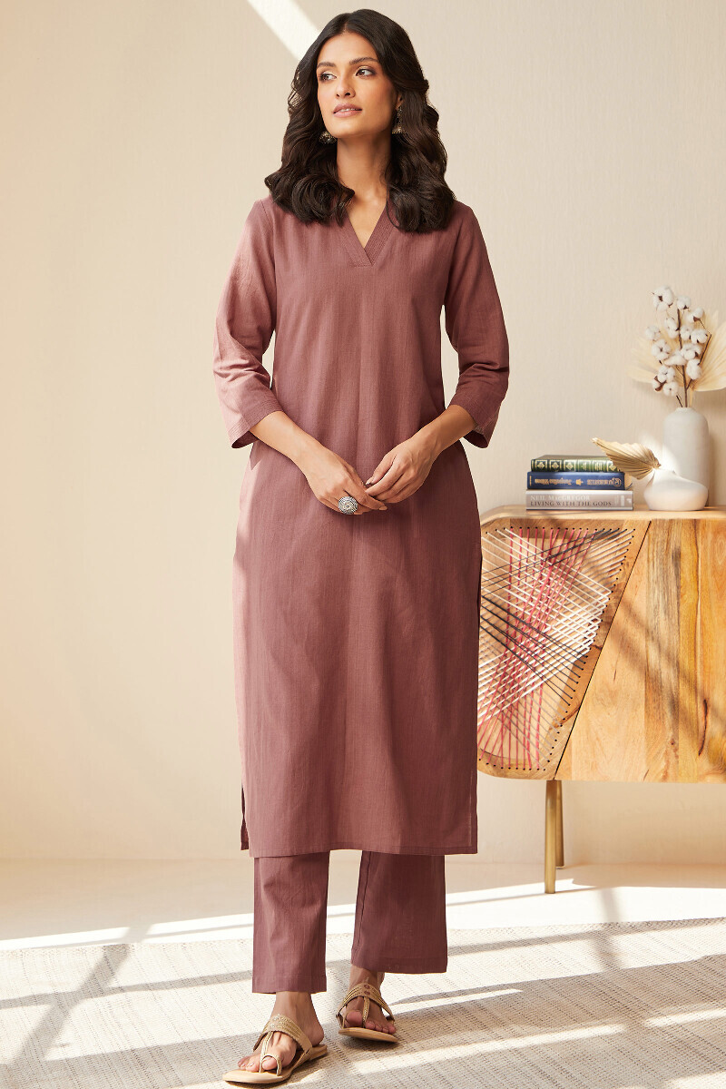 Red Handcrafted Straight Cotton Flax Kurta