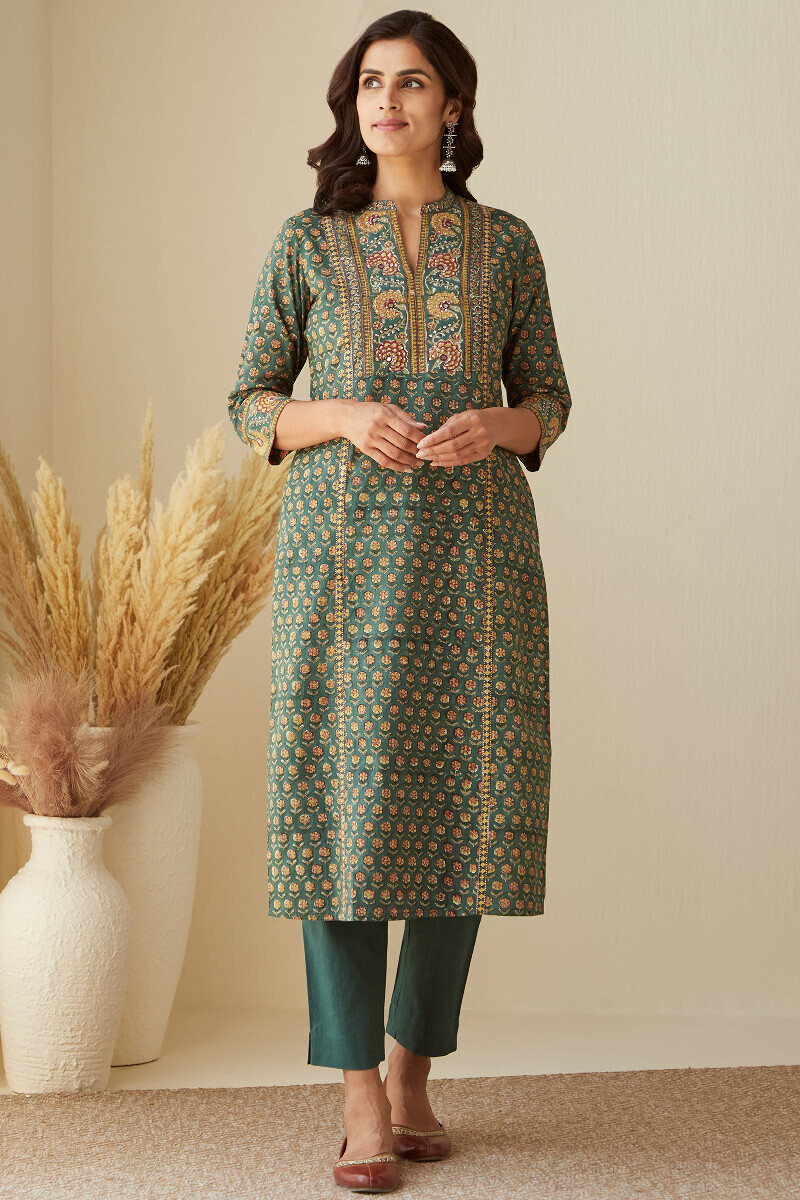 Green Hand Block-Printed Straight Cotton Kurta