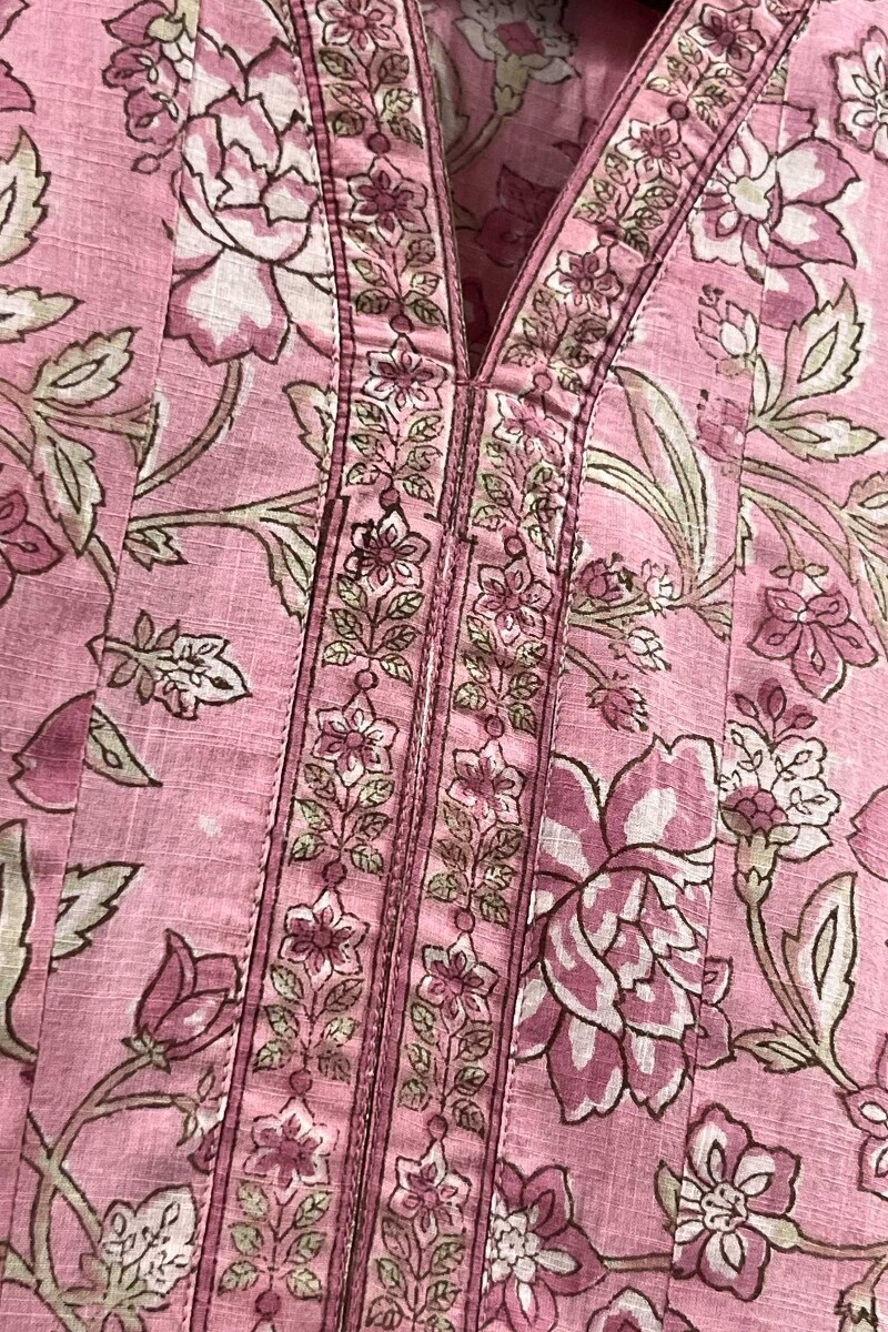 Pink Hand Block-Printed Anarkali Cotton Slub Kurta