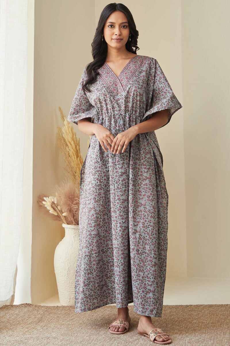 Blue Hand Printed Cotton Slub Kaftan
