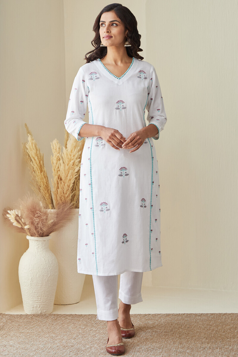 White Handcrafted Straight Cotton Flax Kurta