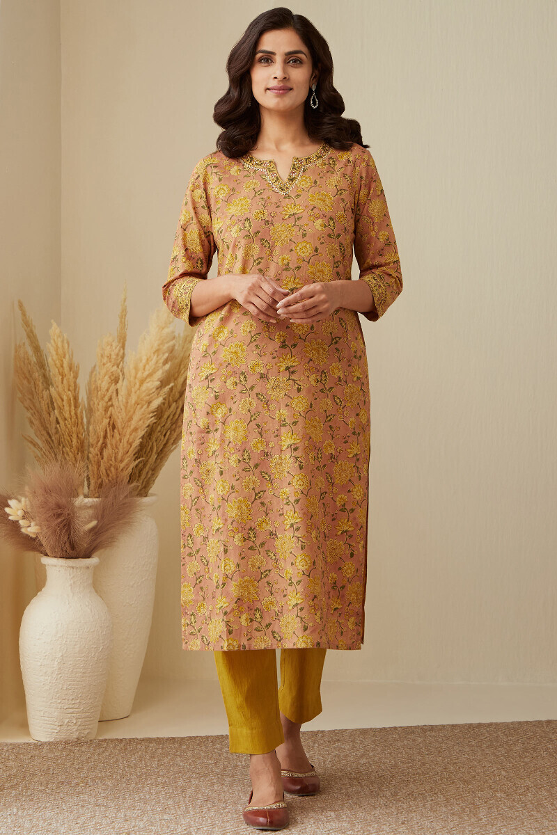 Pink Hand Block-Printed Straight Cotton Kurta