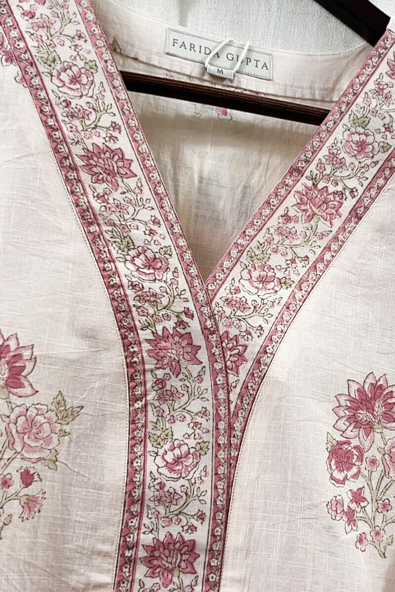 Light Pink Hand Block-Printed Straight Cotton Slub Kurta