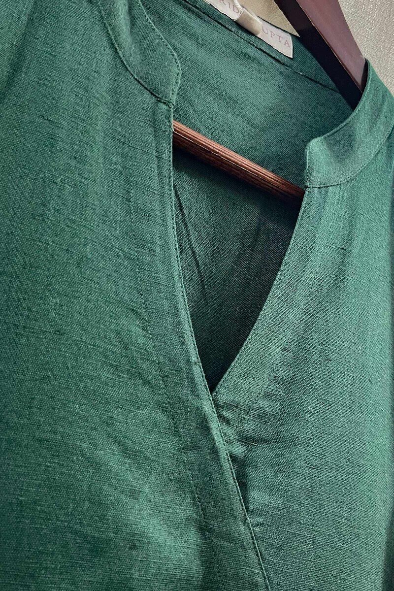 Dark Green Handcrafted Cotton Flax Dress