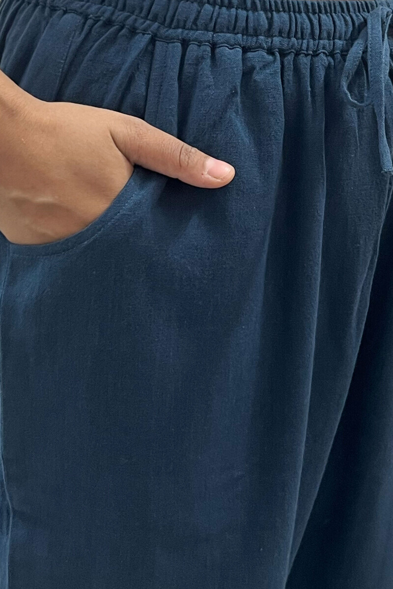 Blue Handcrafted Cotton Flax Narrow Pants