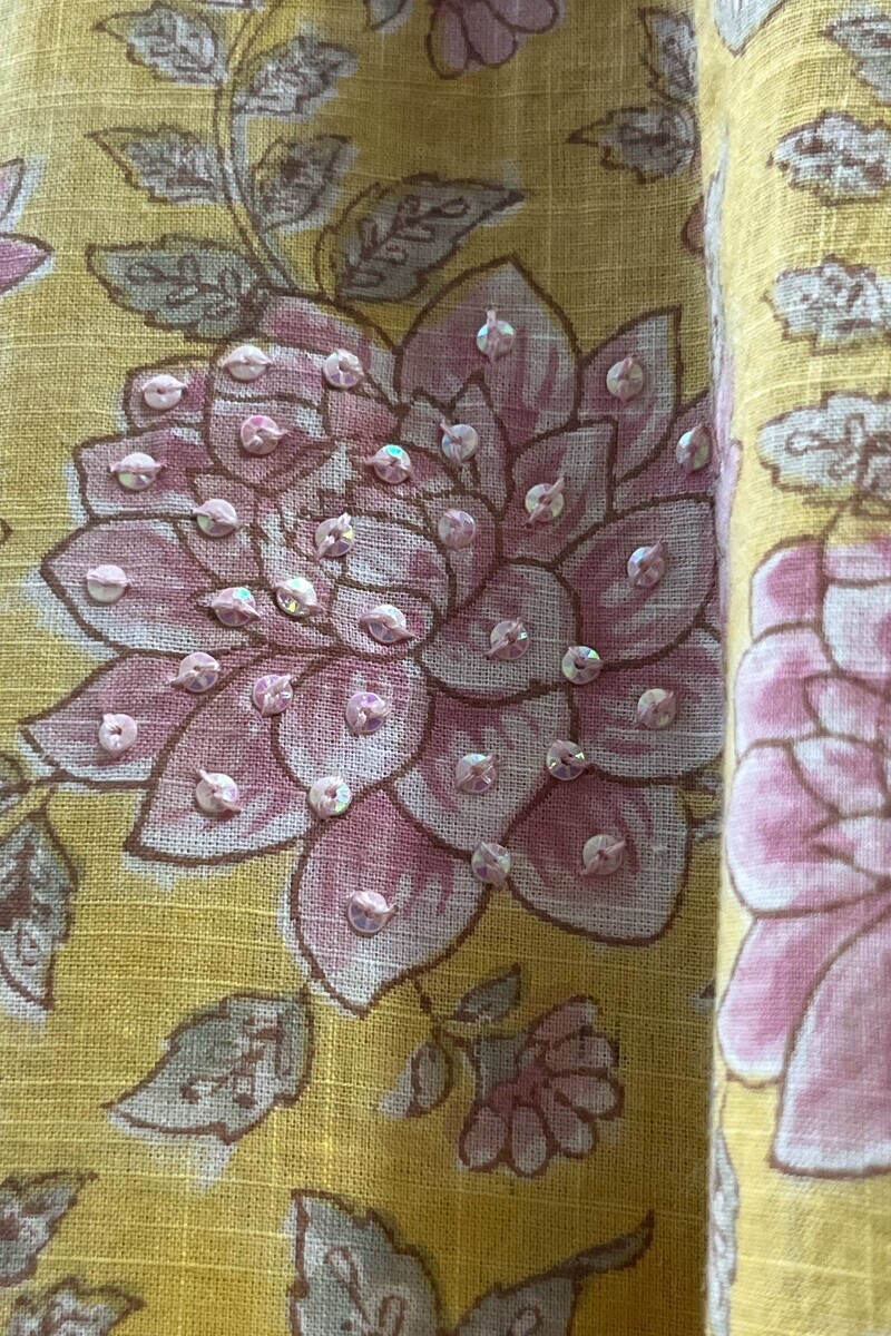Yellow Hand Block-Printed A-Line Cotton Slub Kurta